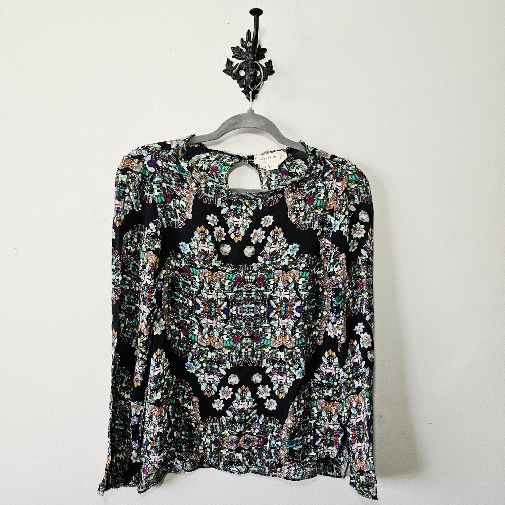 Atelier Nicole Miller 100% Silk Jewel Gemstone Blouse Size S Button Up Top EUC